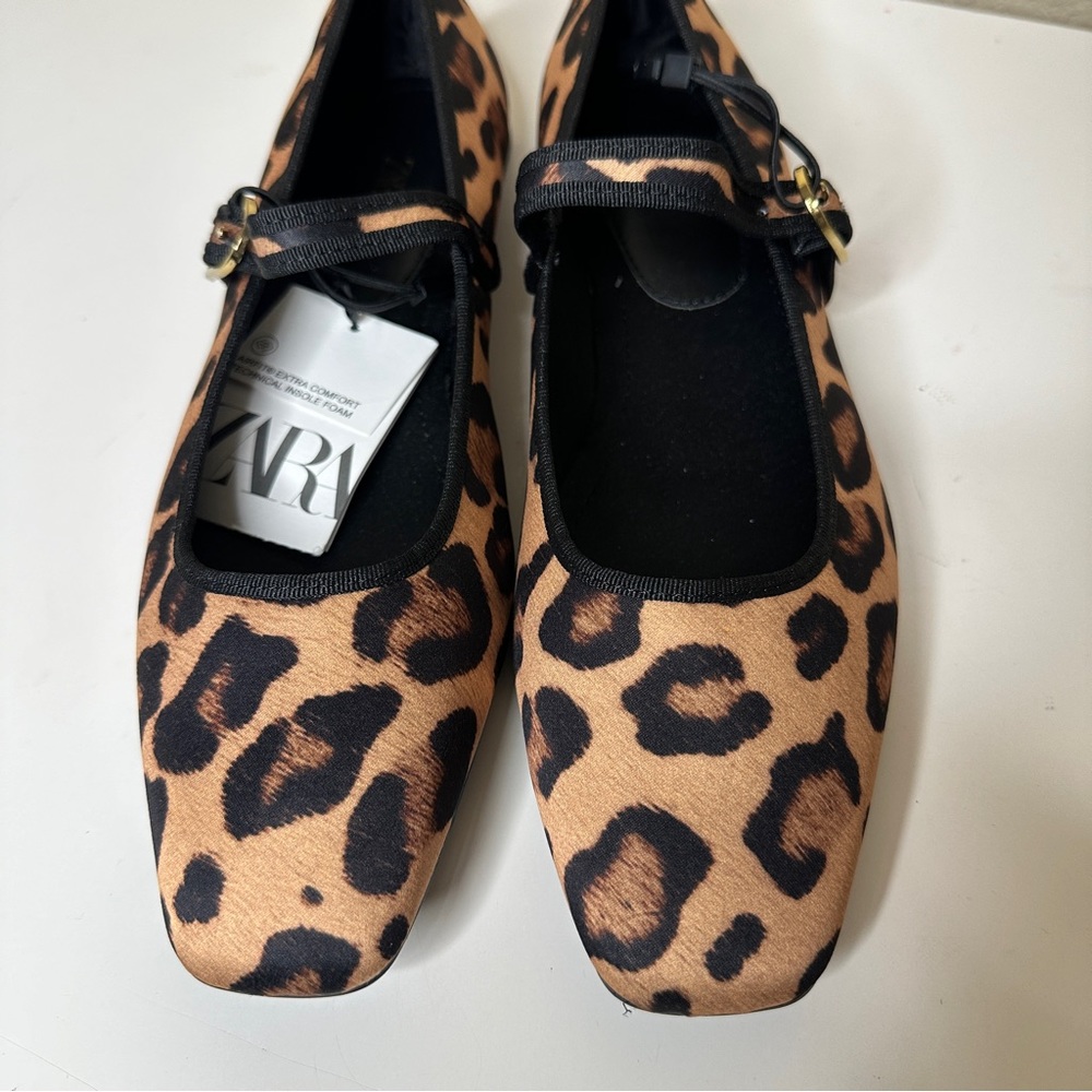 Zara Leopard Print Mary Jane Flats - Tan/Black
